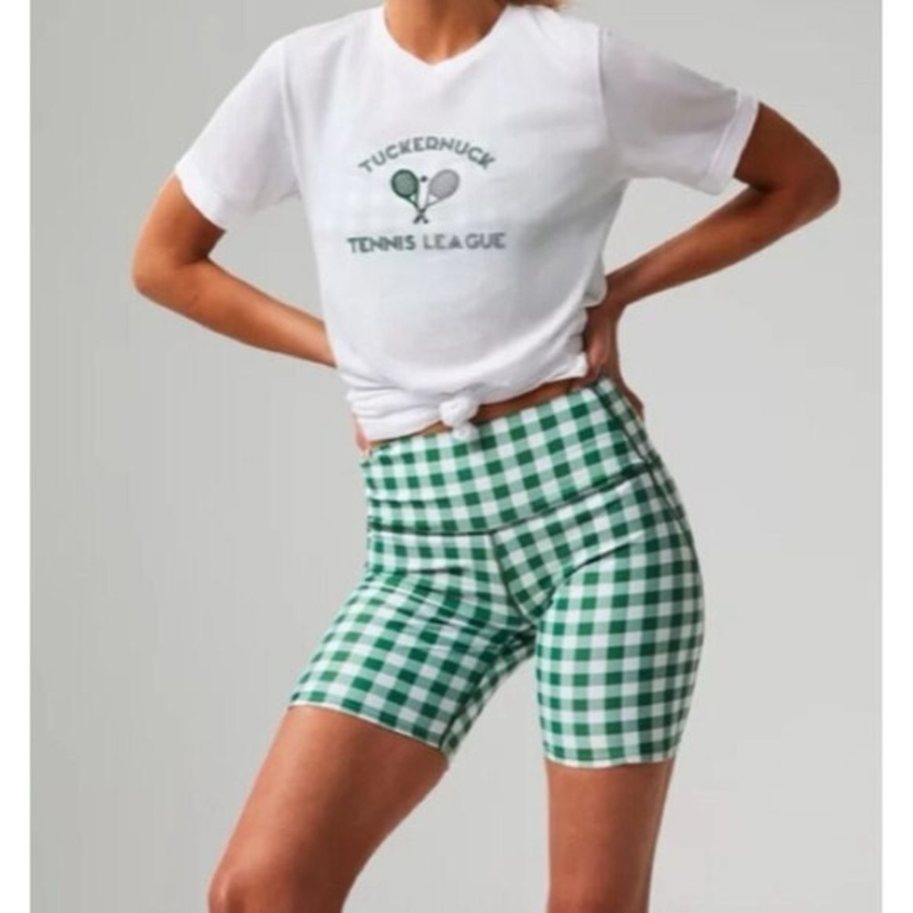 Tuckernuck Trellis Gingham Biker Shorts M NWT Green White 6” High Waist Pockets